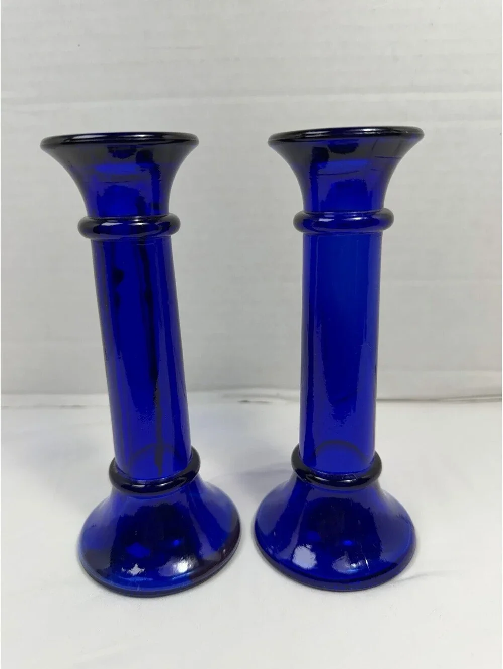 Vintage Imperial Glass Cobalt Blue Taper Candlestick Holders Mid Century Pair